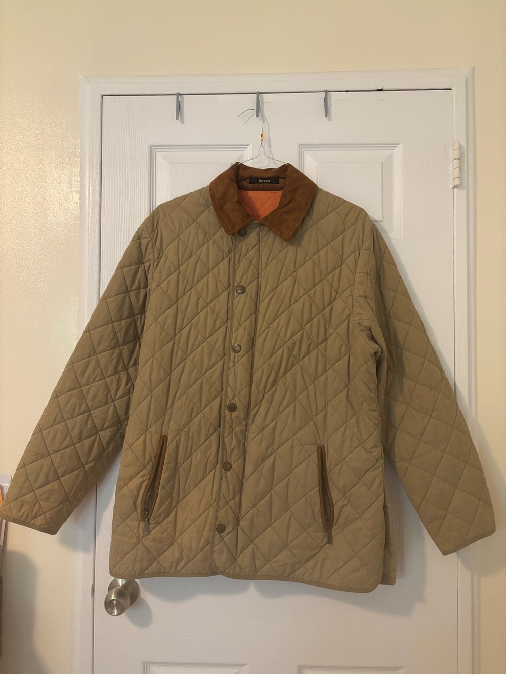 Barbour Quilted Tan Jacket with Brown suede Collar